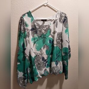 Alfani Boxy Green and Black Floral Blouse
